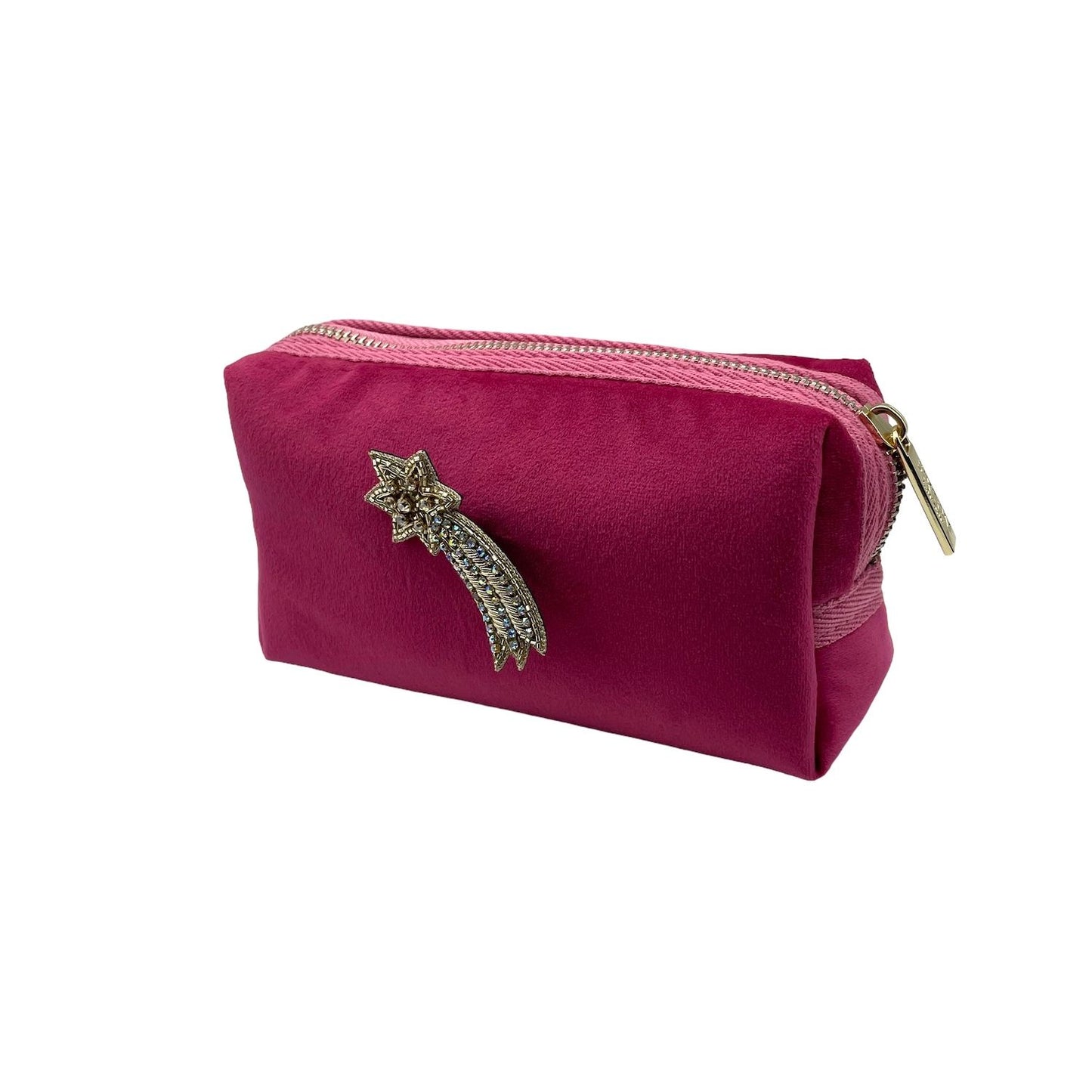 Bright pink make-up bag and a shooting star pin - recycled velvet