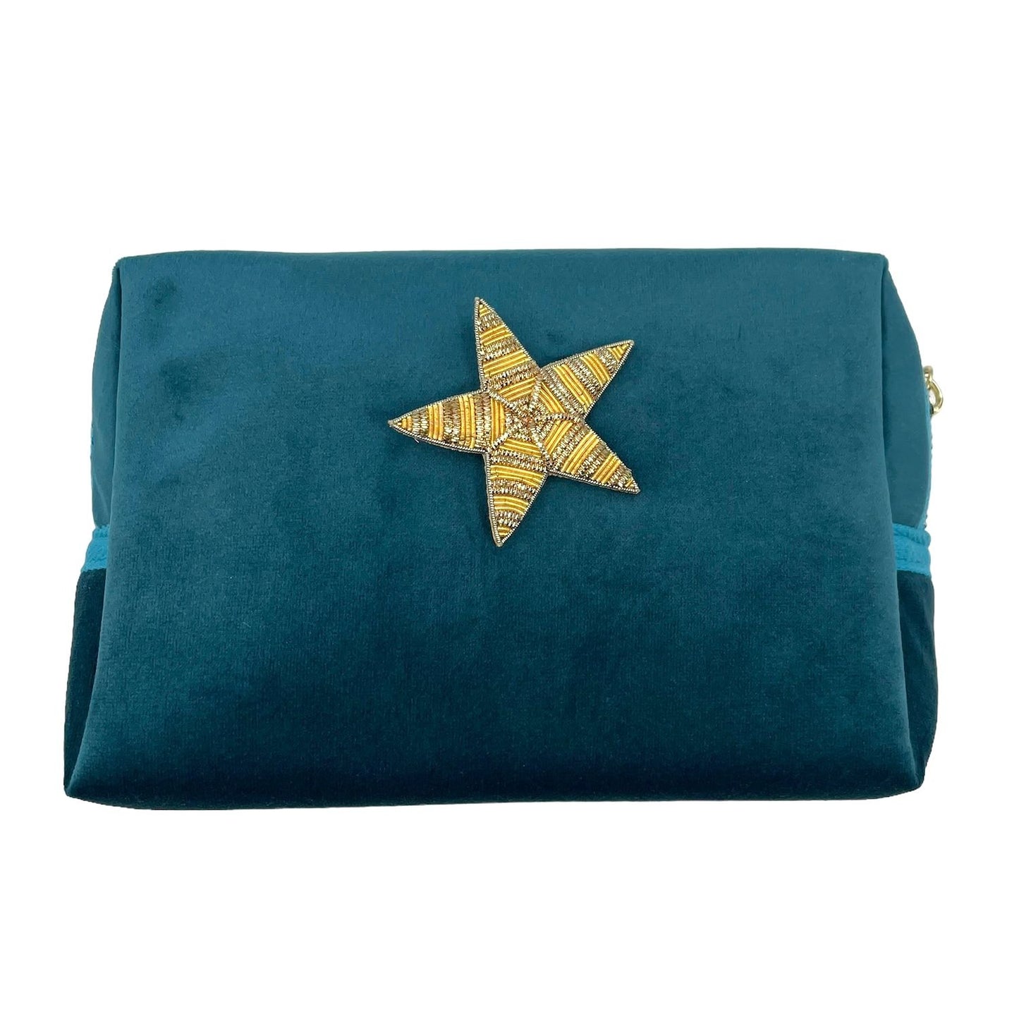 Teal make-up bag & gold star pin - recycled velvet