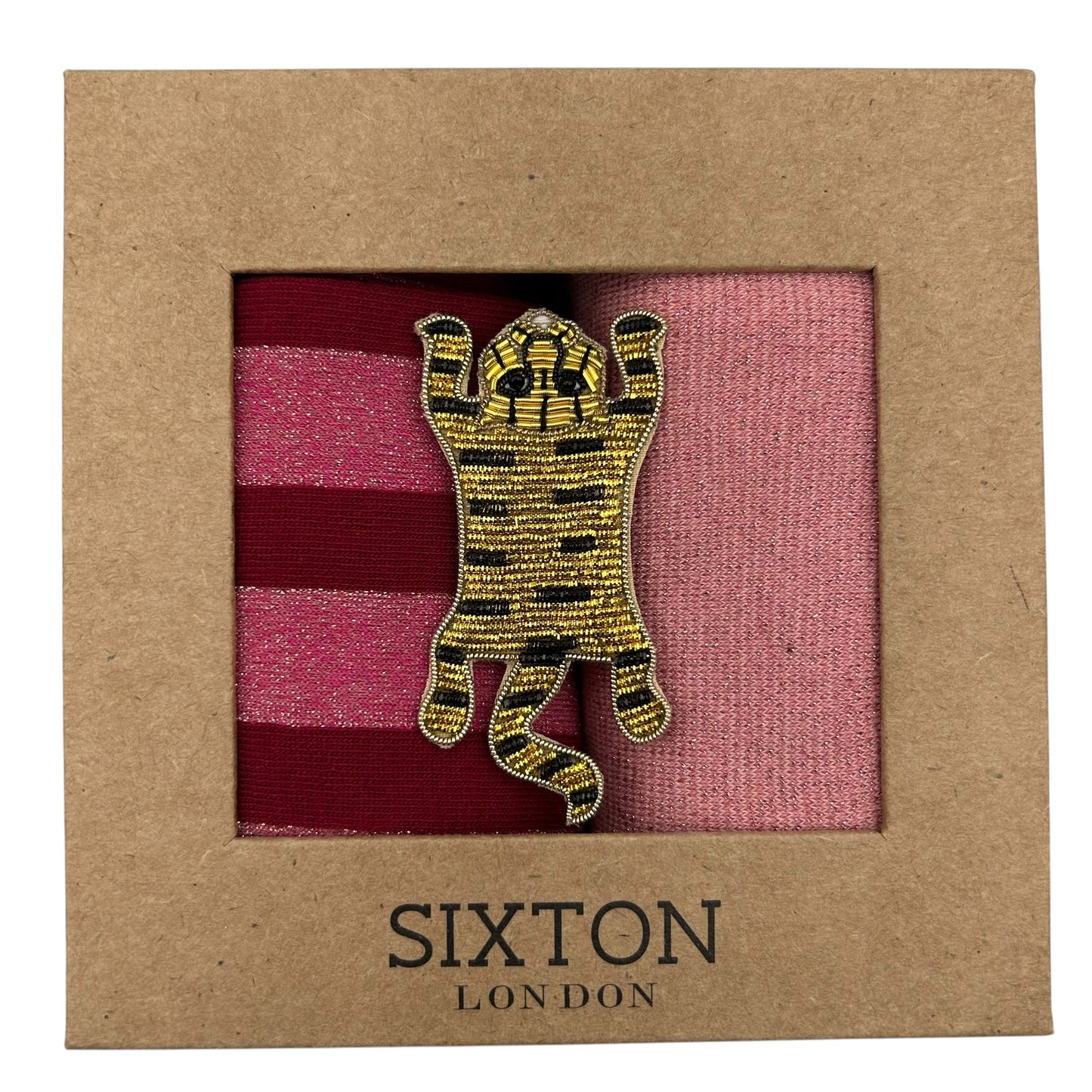 Red Berlin & Pale Pink Tokyo sock box duo with embroidered brooch