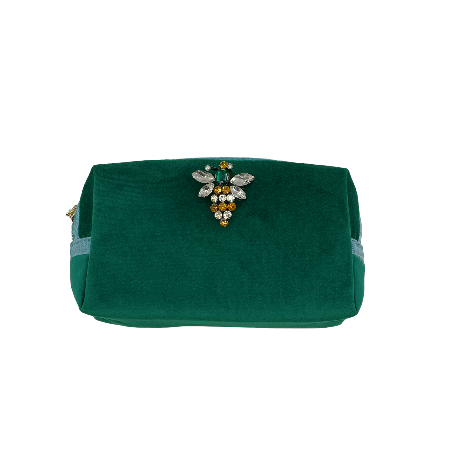 Green make-up bag & queen bee pin - recycled velvet