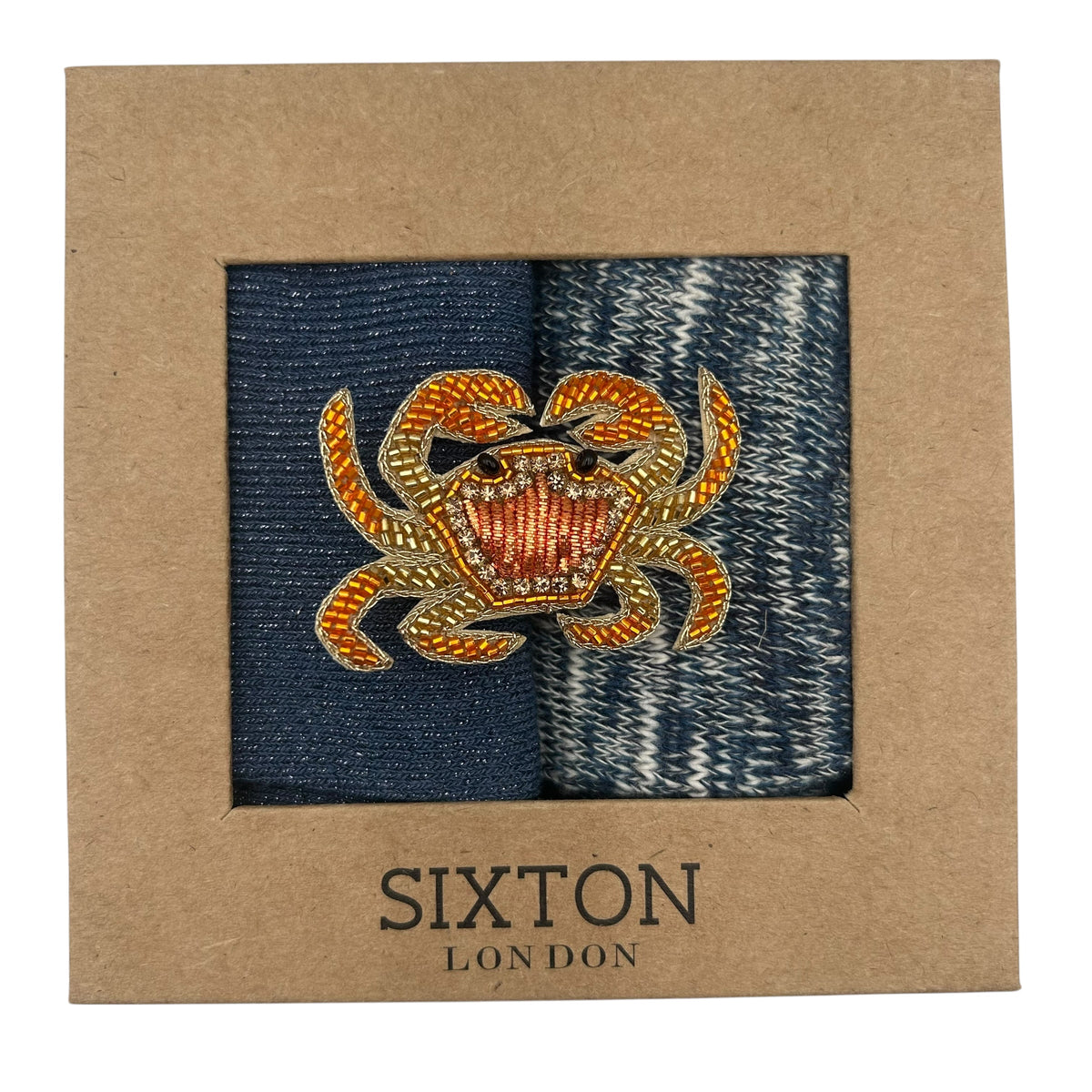 Blue Vegas & Blue Fargo sock box duo with embroidered brooch