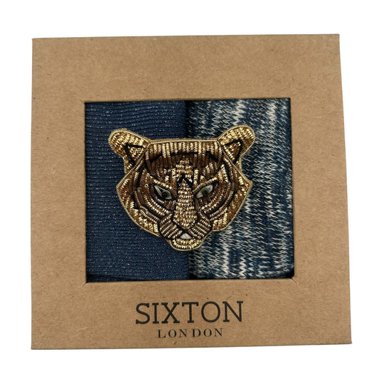 Blue Vegas & Blue Fargo sock box duo with embroidered brooch