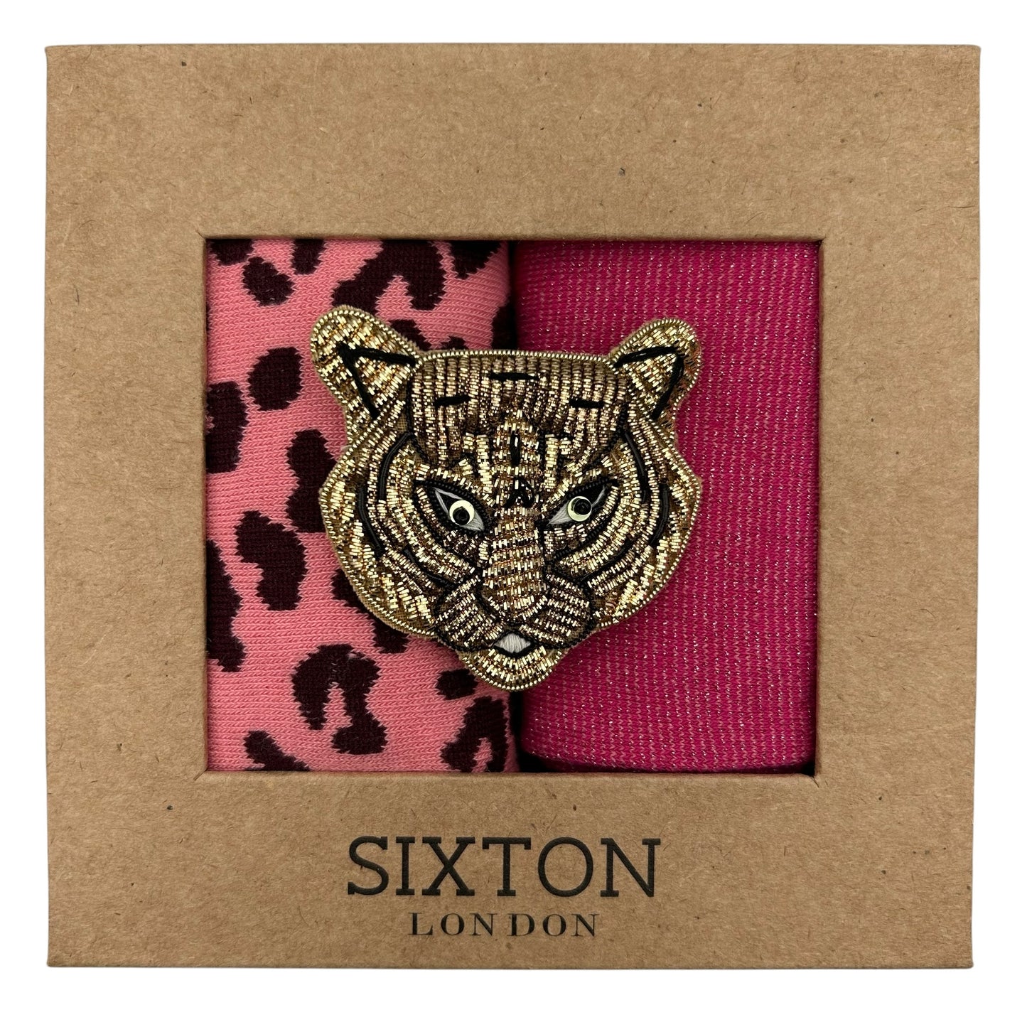 Bright Pink Tokyo & Leopard sock box duo with embroidered brooch