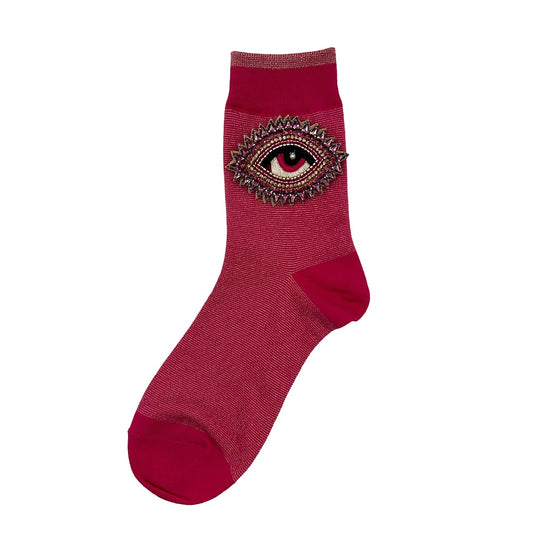 Tokyo socks in bright pink with a rose eye brooch