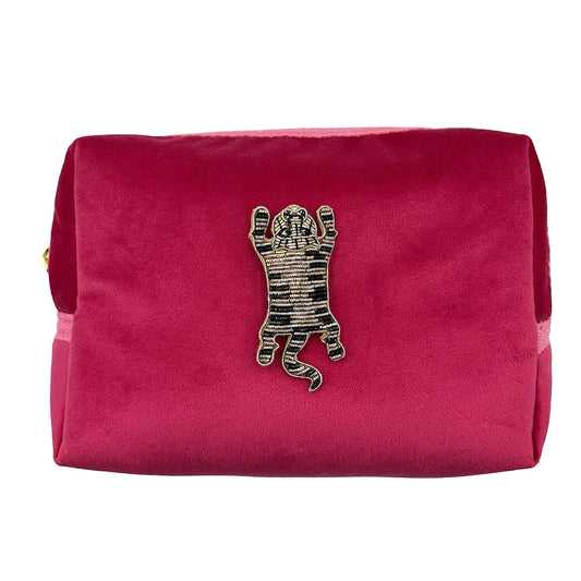 Bright pink make-up bag & tiger body pin - recycled velvet