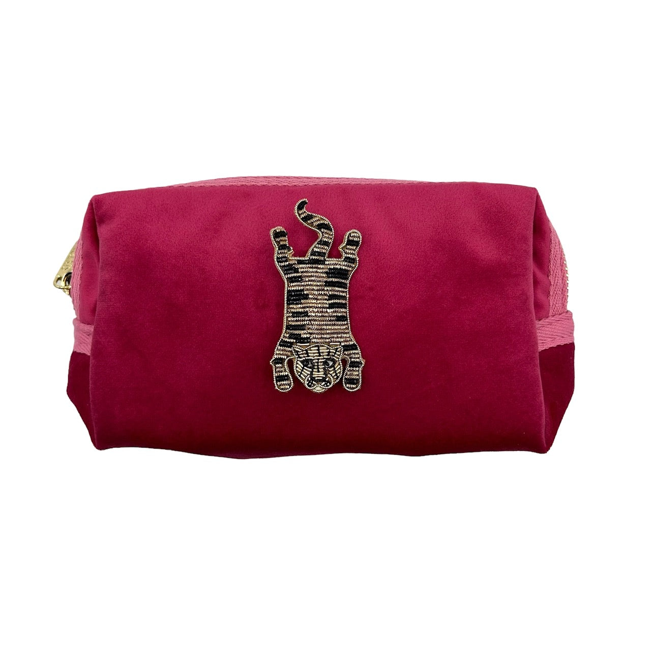 Bright pink make-up bag & tiger body pin - recycled velvet