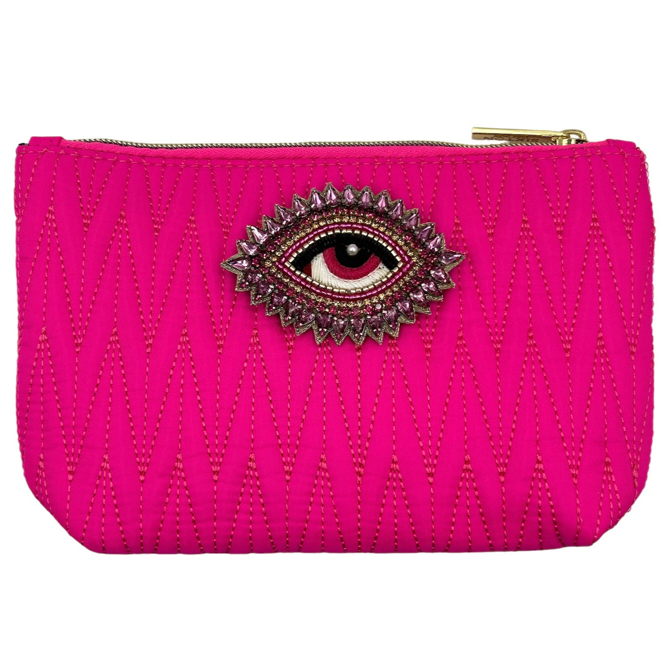 Bright pink Tribeca make up bag with a rose eye pin