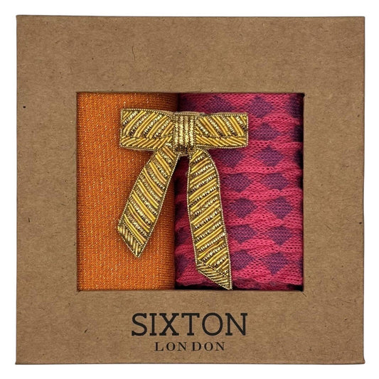 Cantaloupe Tokyo & Pink Estoril sock box duo with embroidered brooch