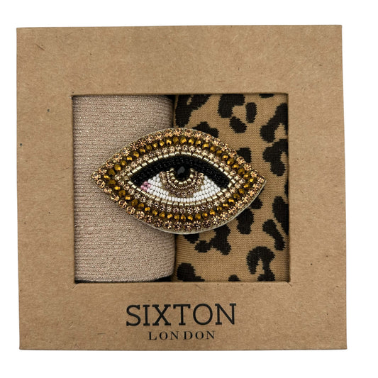 Champagne Vegas & Leopard sock box duo with embroidered brooch