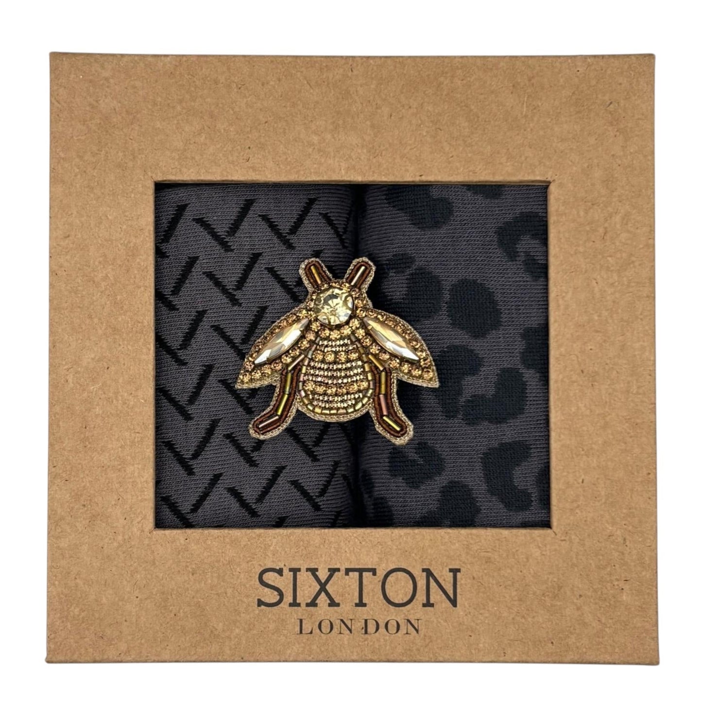 Charcoal Kyoto & Leopard sock box duo with embroidered brooch