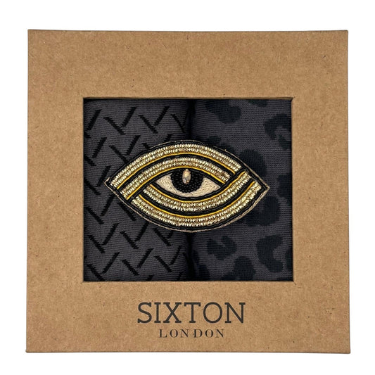 Charcoal Kyoto & Leopard sock box duo with embroidered brooch