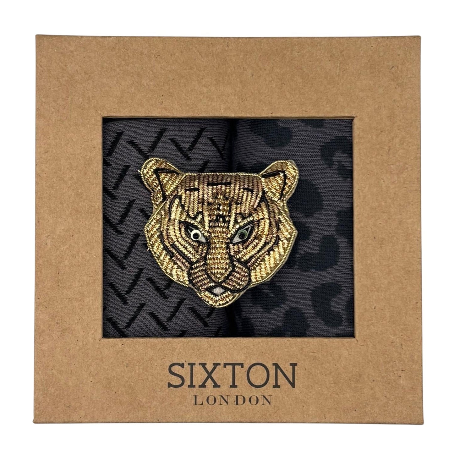 Charcoal Kyoto & Leopard sock box duo with embroidered brooch