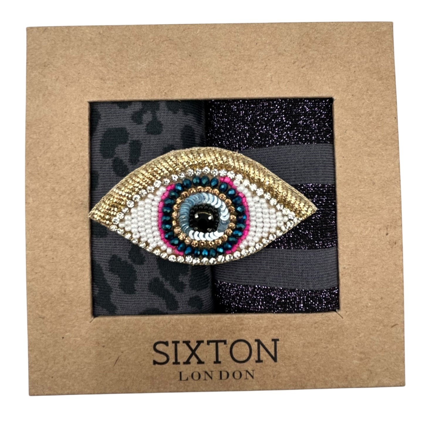 Charcoal Leopard & Purple Berlin sock box duo with pin