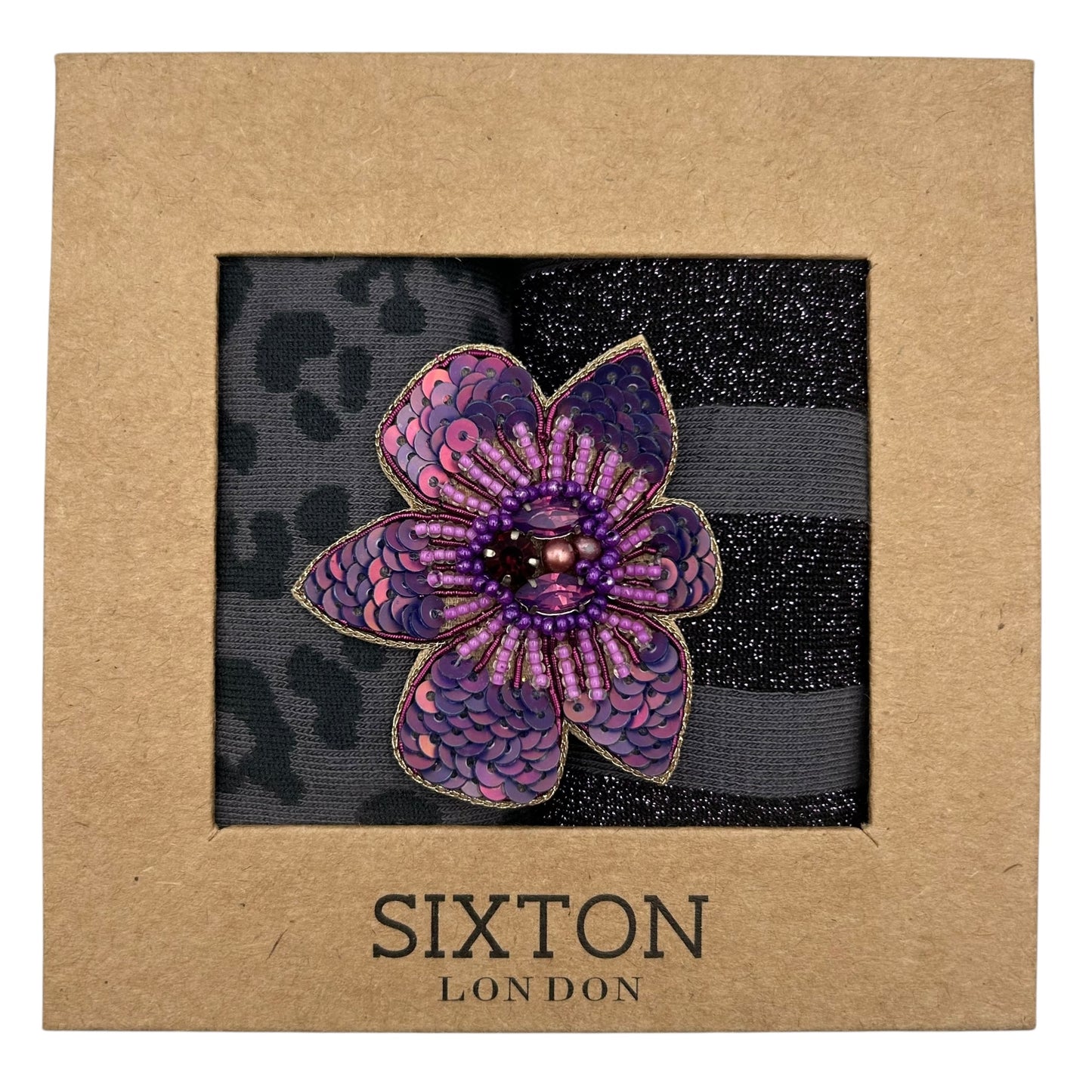 Charcoal Leopard & Purple Berlin sock box duo with pin