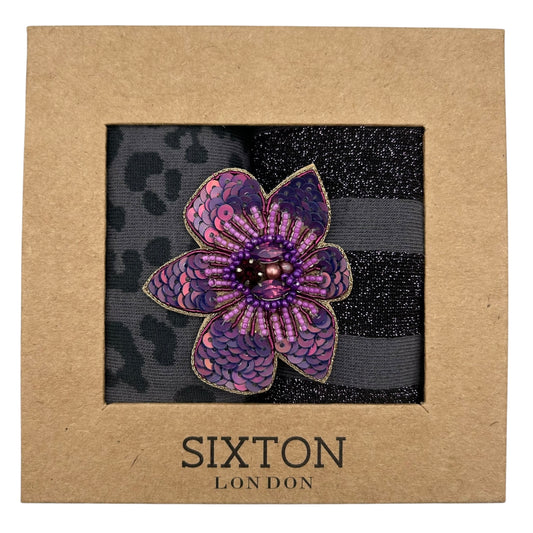 Charcoal Leopard & Purple Berlin sock box duo with pin