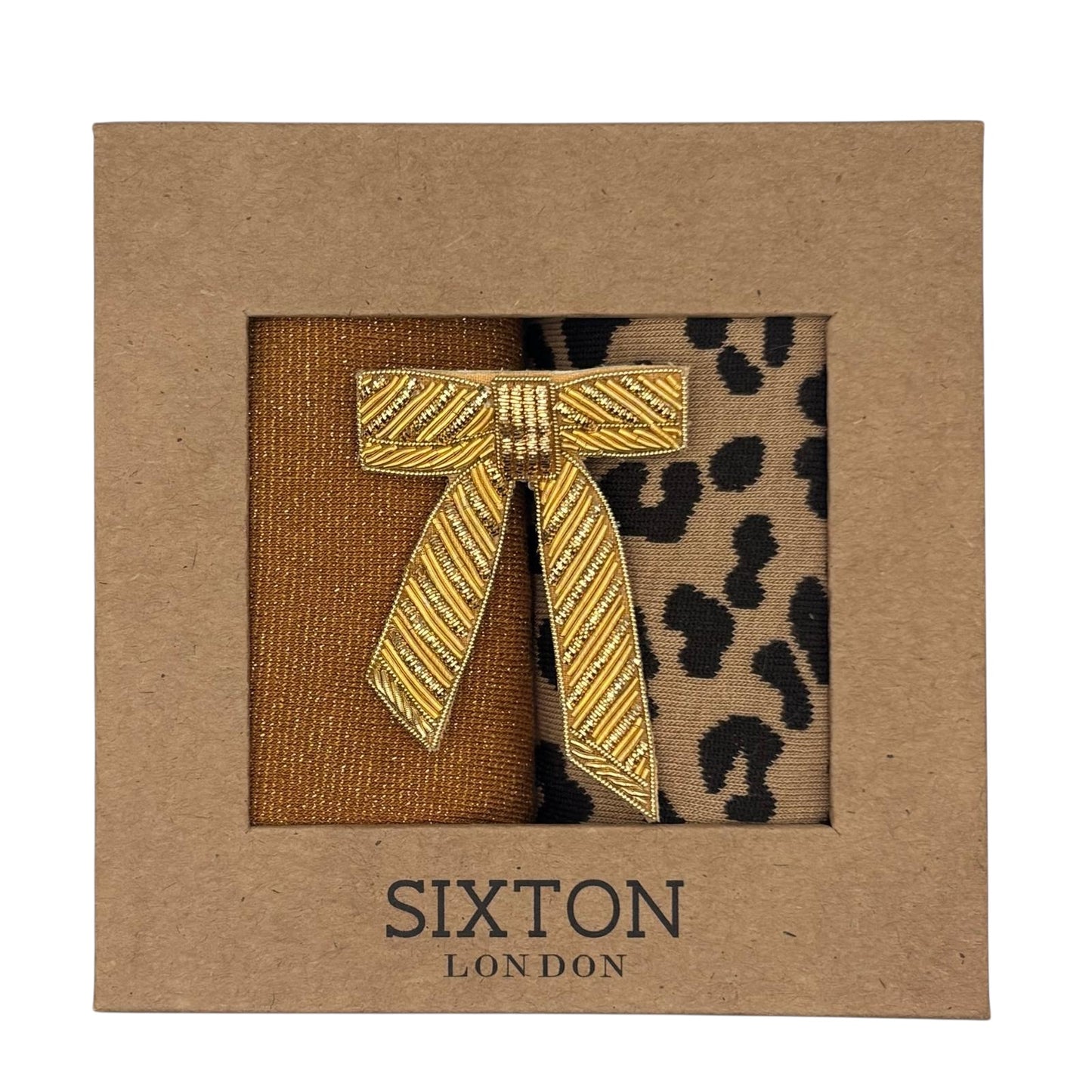 Copper Tokyo & Sand Leopard sock box duo with embroidered brooch
