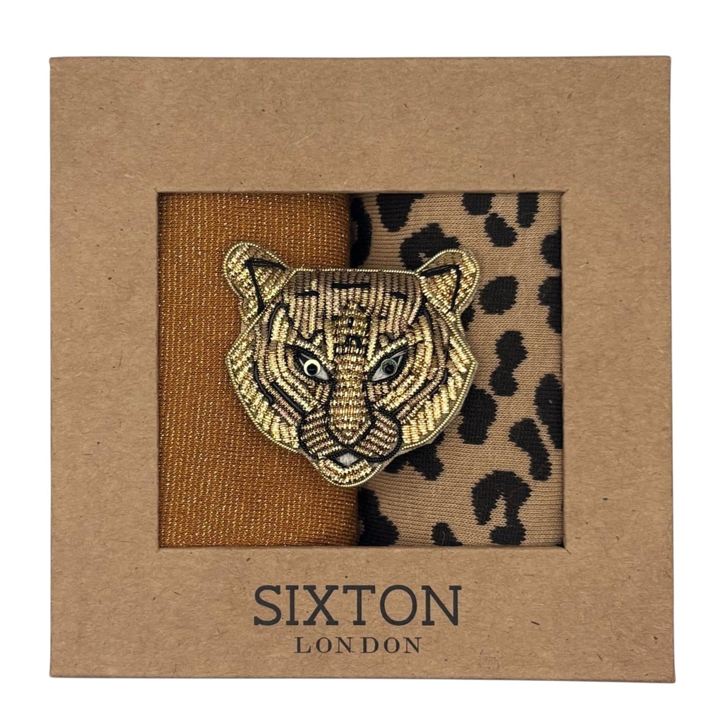 Copper Tokyo & Sand Leopard sock box duo with embroidered brooch