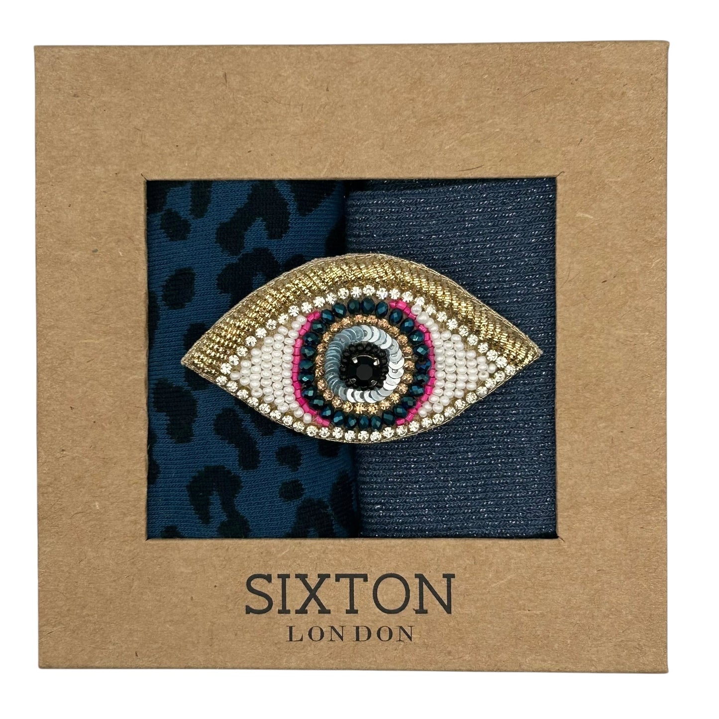 Denim Leopard & Blue Vegas sock box duo with embroidered brooch