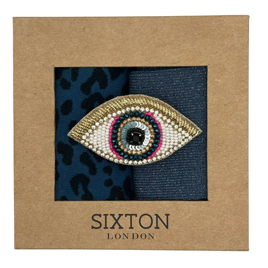 Denim Leopard & Blue Vegas sock box duo with embroidered brooch