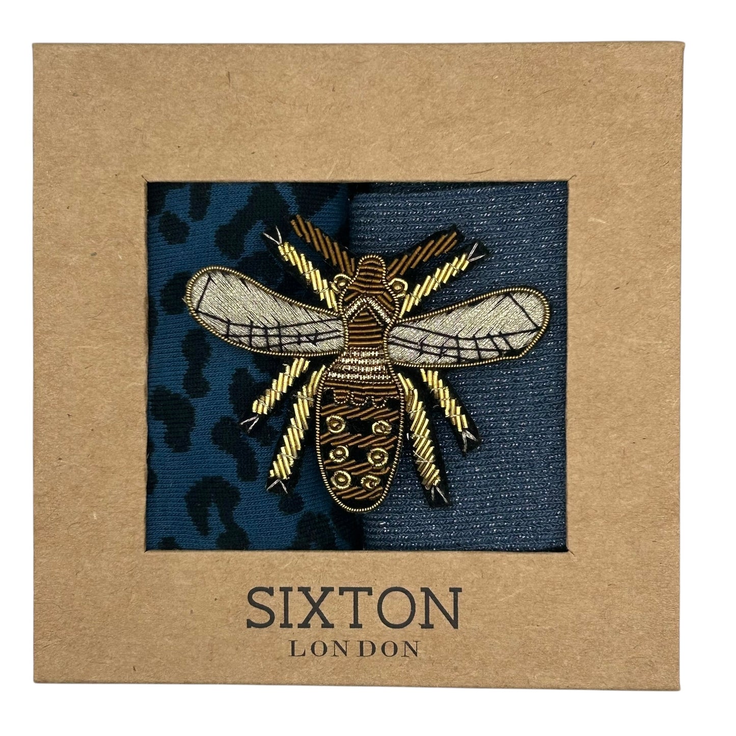 Denim Leopard & Blue Vegas sock box duo with embroidered brooch