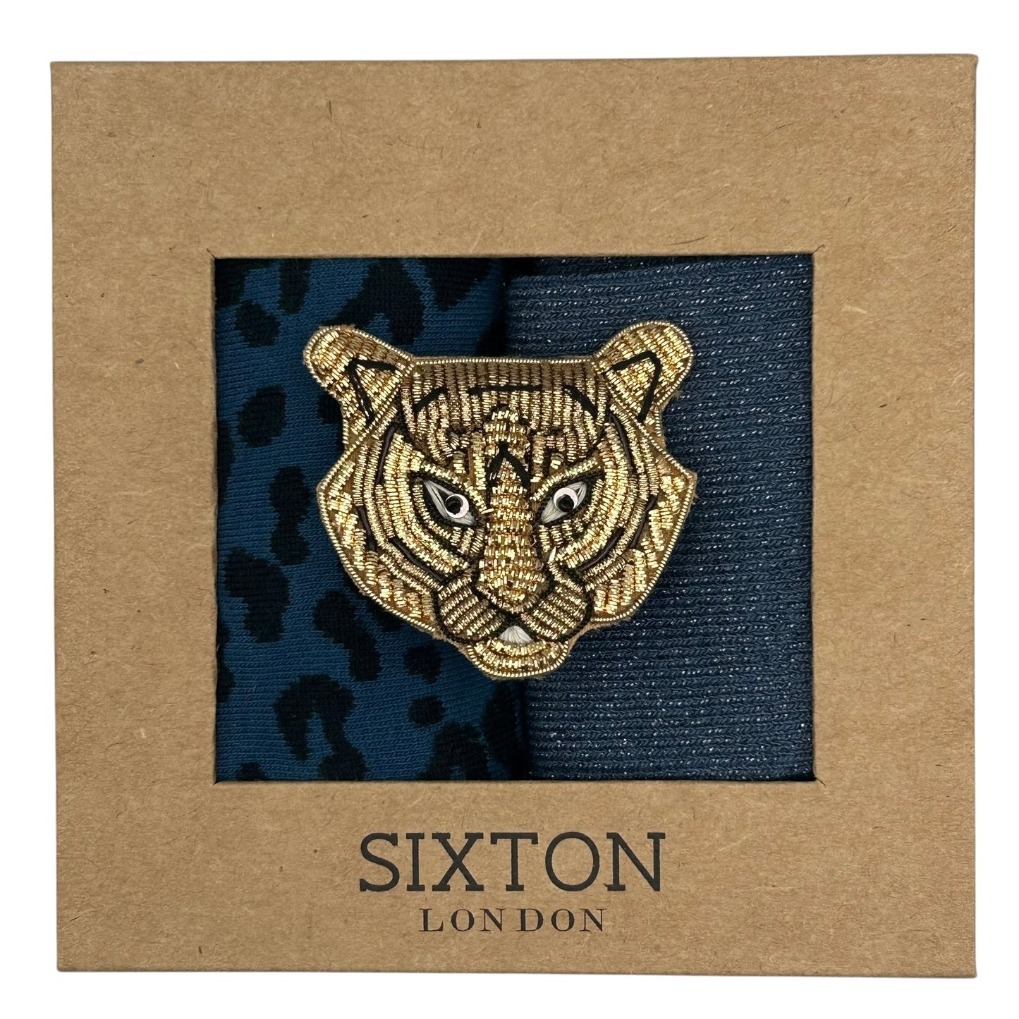 Denim Leopard & Blue Vegas sock box duo with embroidered brooch