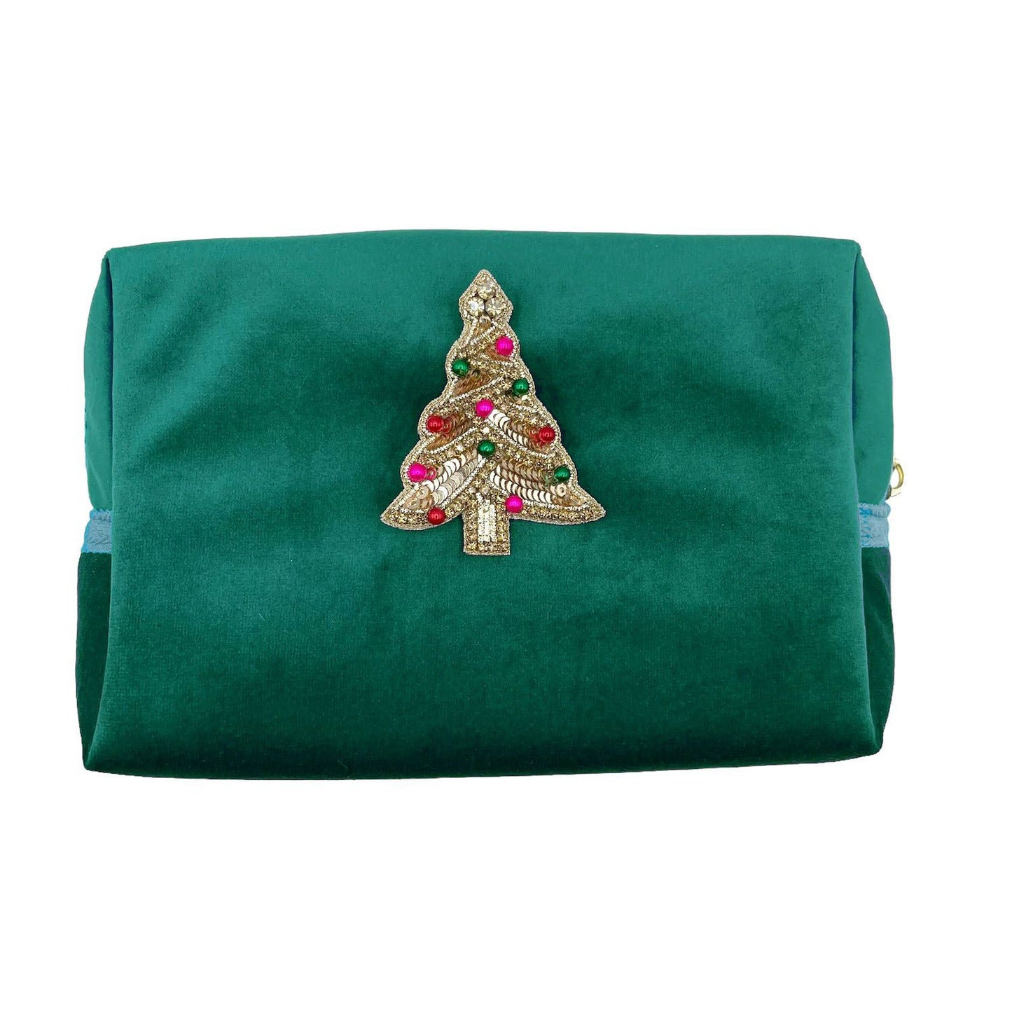 Green make-up bag & kitsch tree pin - recycled velvet