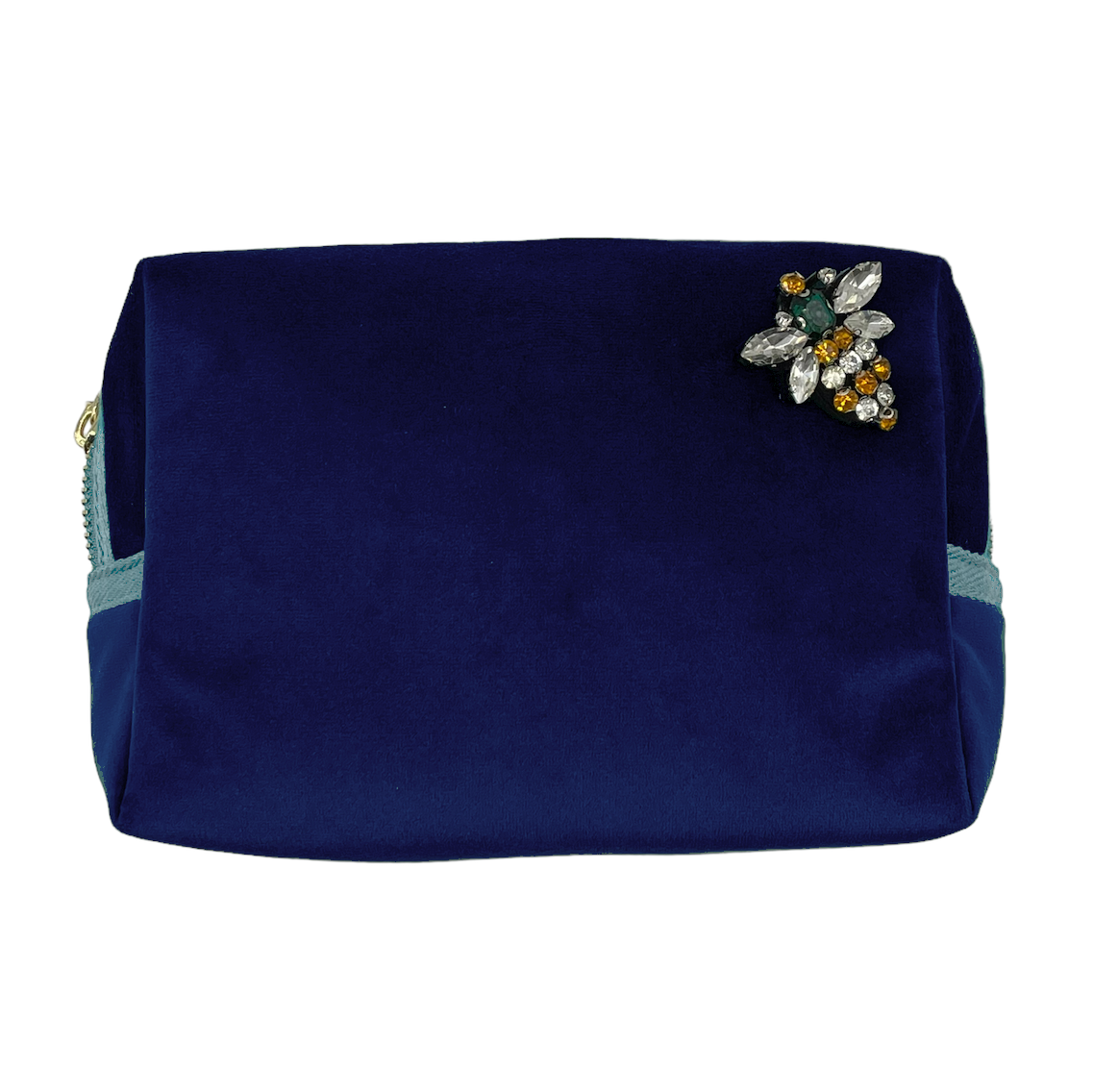Blue make-up bag & Queen bee pin- recycled velvet