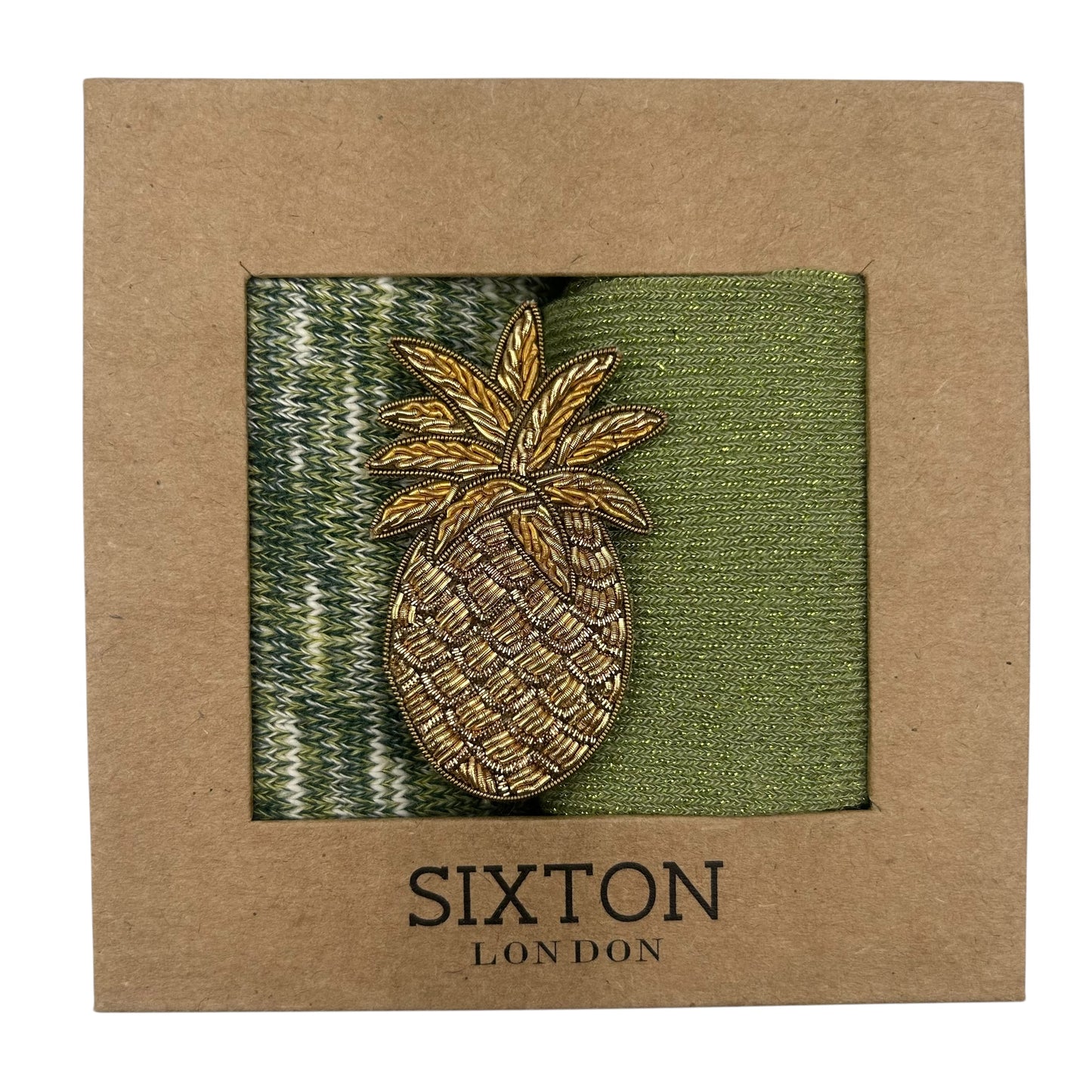 Green Fargo & Pistachio Vegas sock box duo with embroidered brooch