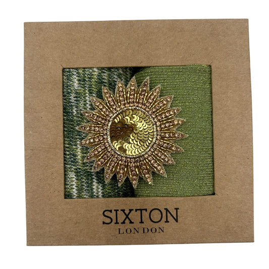 Green Fargo & Pistachio Vegas sock box duo with embroidered brooch