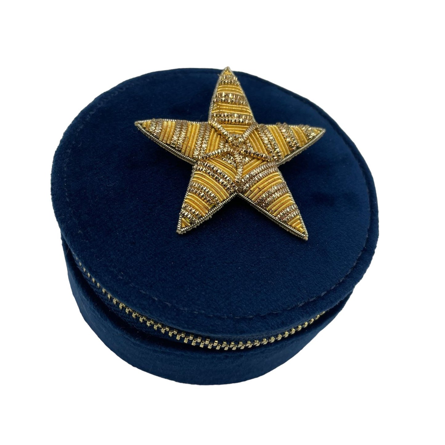 Jewellery travel pot blue - recycled velvet - gold star