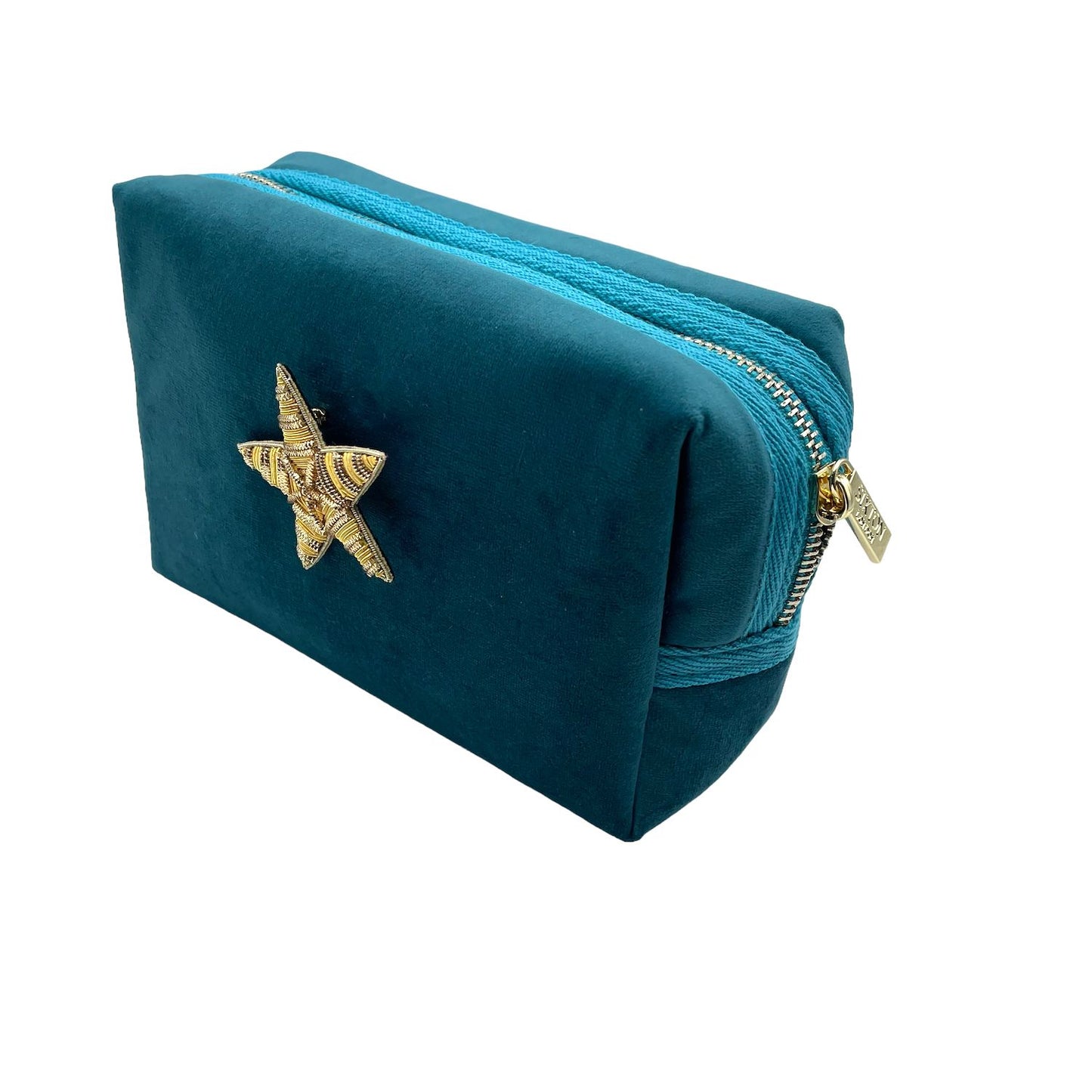 Teal make-up bag & gold star pin - recycled velvet