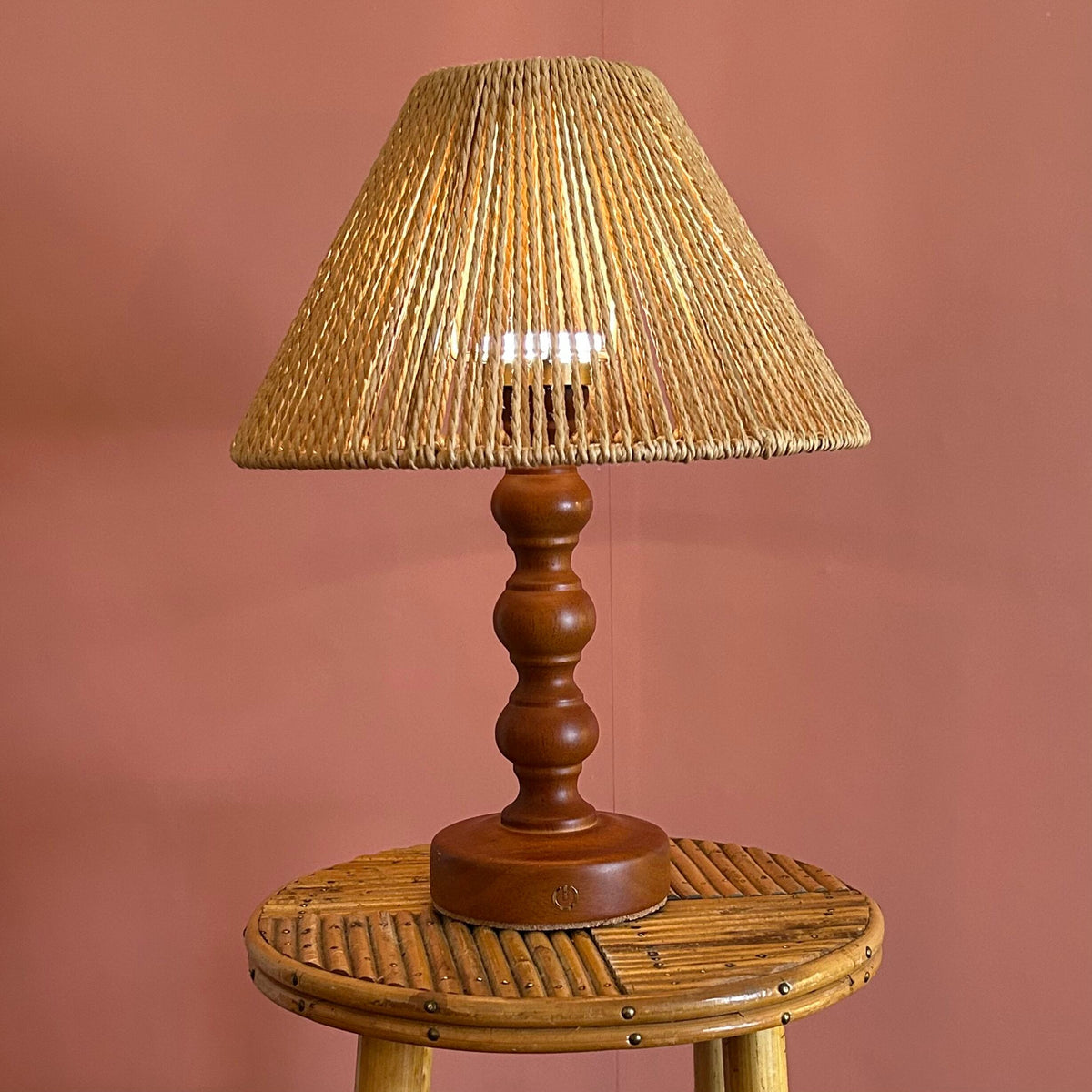 Bobbin Teak style rechargeable touch lamp with Rope shade