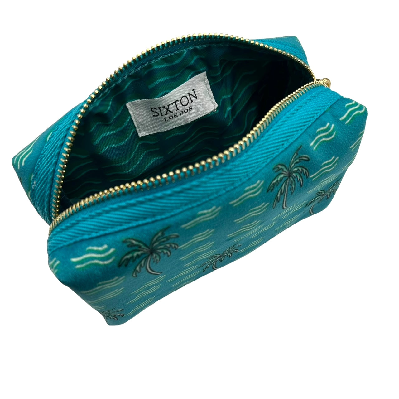Teal palm large make-up bag & a starfish brooch - recycled velvet, large and small