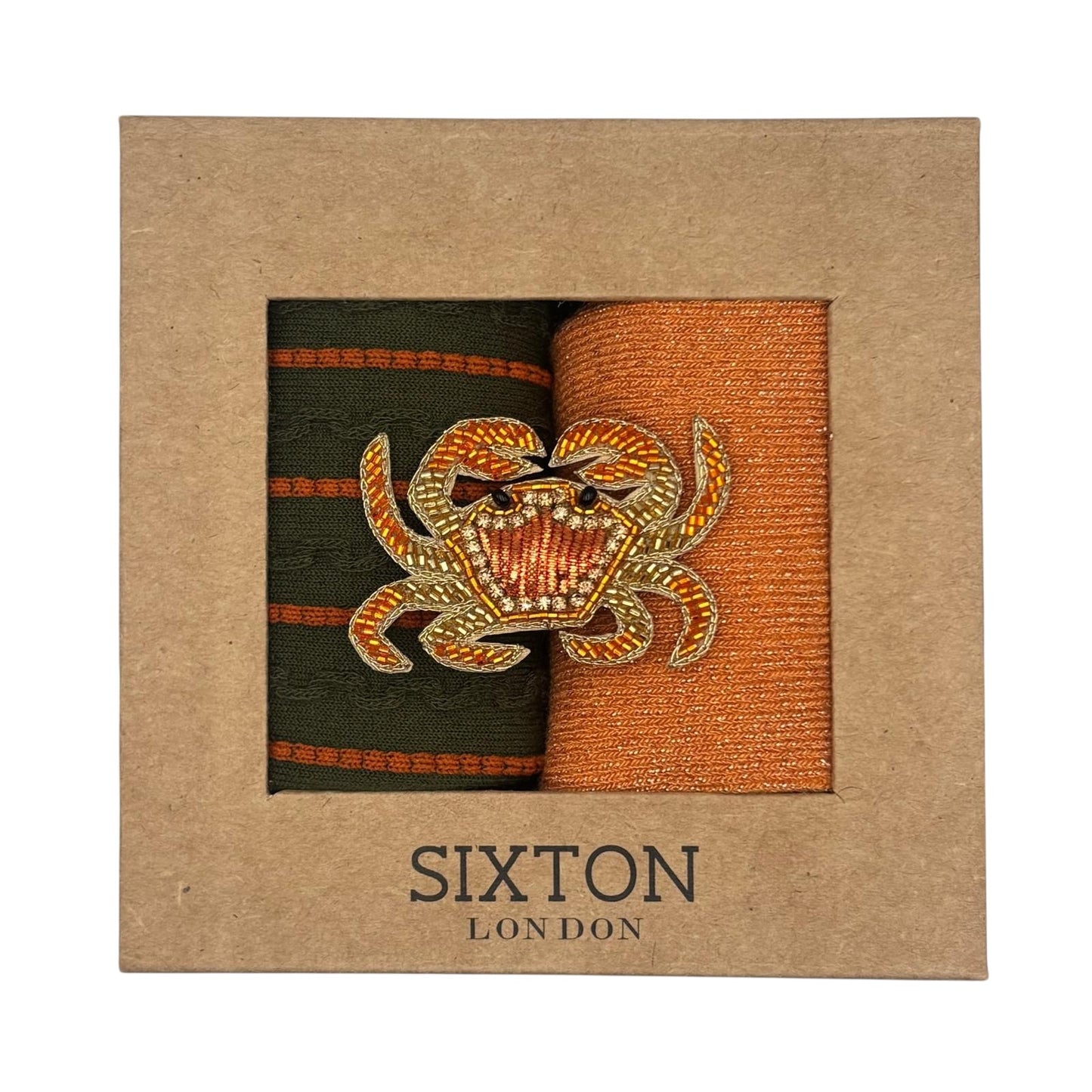 Ivy Lyon & Orange Vegas sock box duo with embroidered brooch