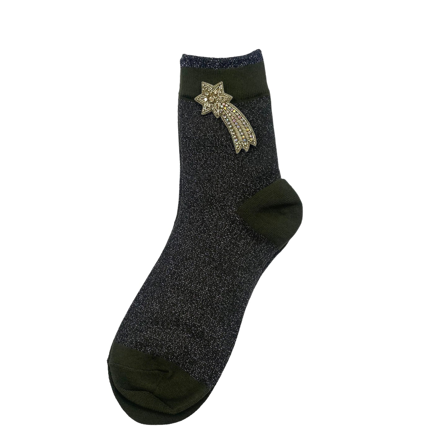 Tokyo socks in ivy with a shooting star brooch
