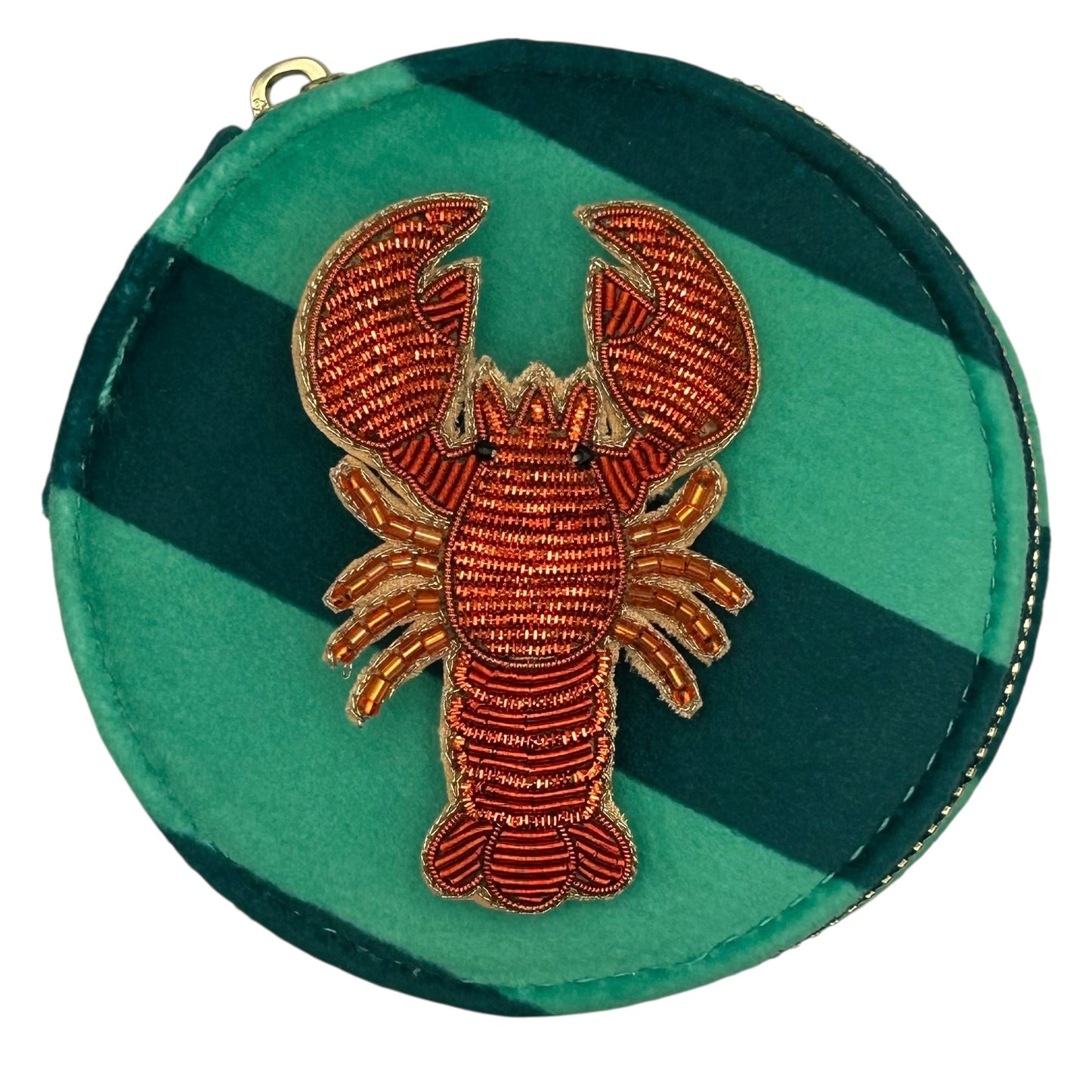 Jewellery Travel Pot in teal stripe - Red lobster brooch