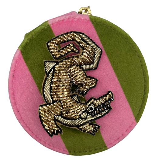 Jewellery Travel Pot in chartreuse stripe - Crocodile pin
