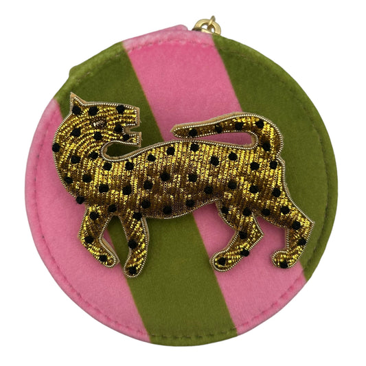 Jewellery Travel Pot in chartreuse stripe - Leopard pin