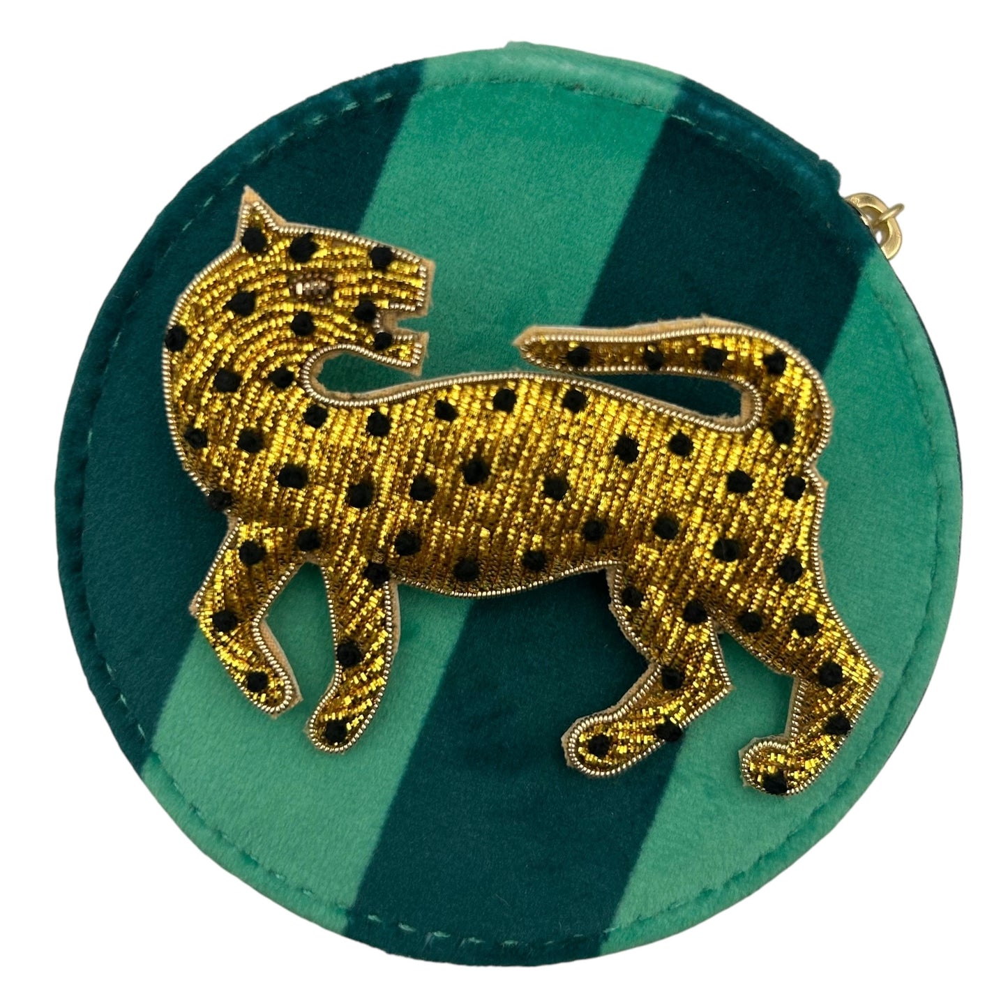 Jewellery Travel Pot in teal stripe - Leopard brooch