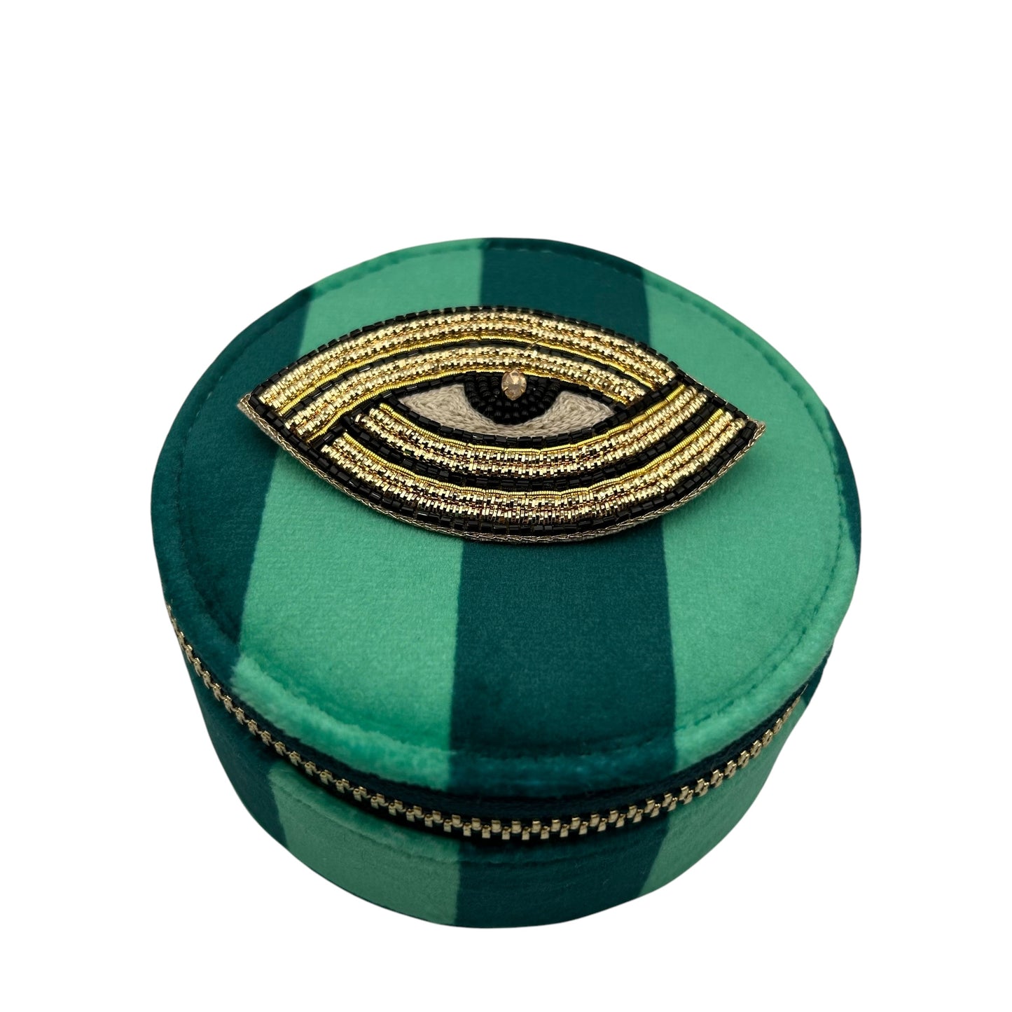 Jewellery Travel Pot in teal stripe - Linear Eye brooch