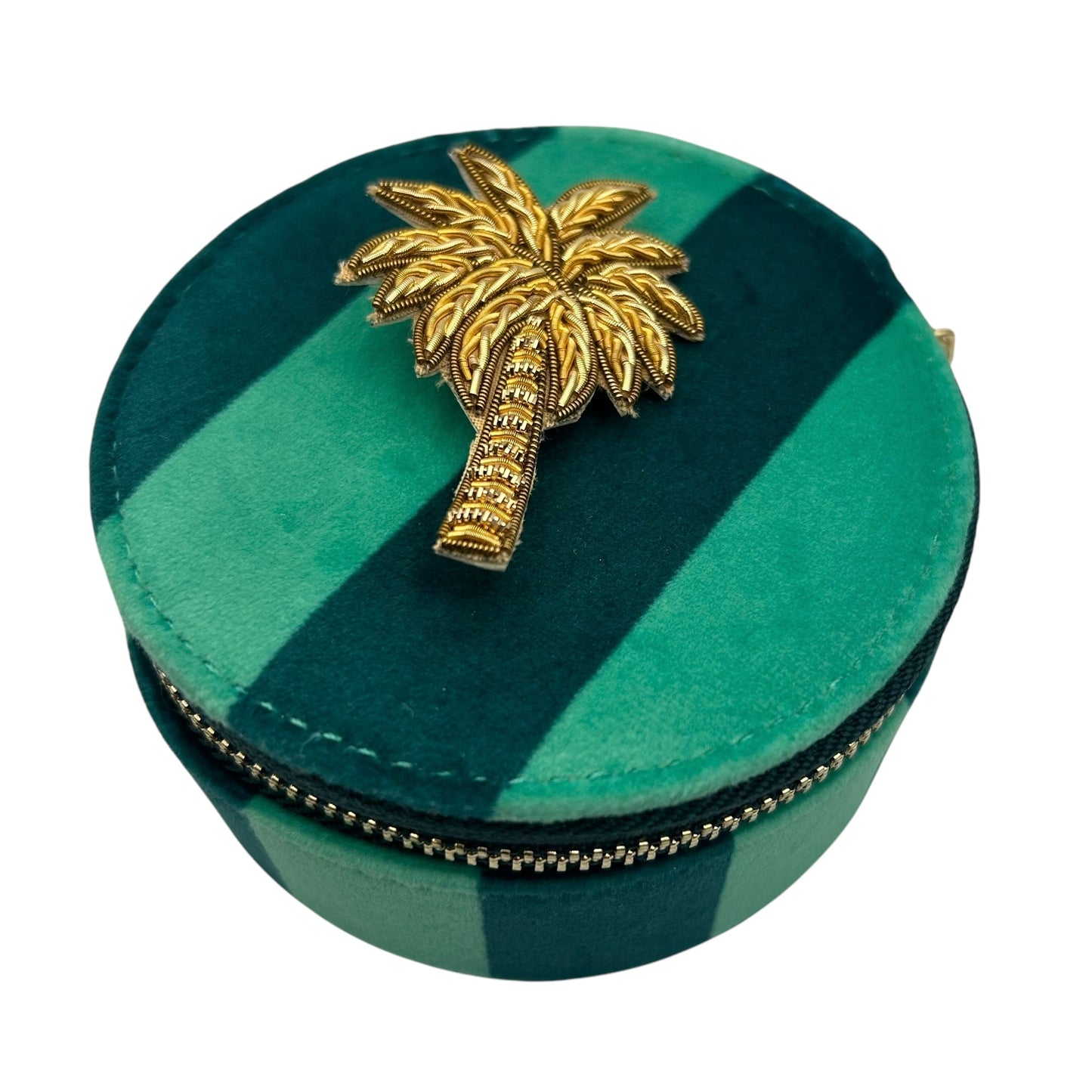 Jewellery Travel Pot in teal stripe - Palm Tree brooch