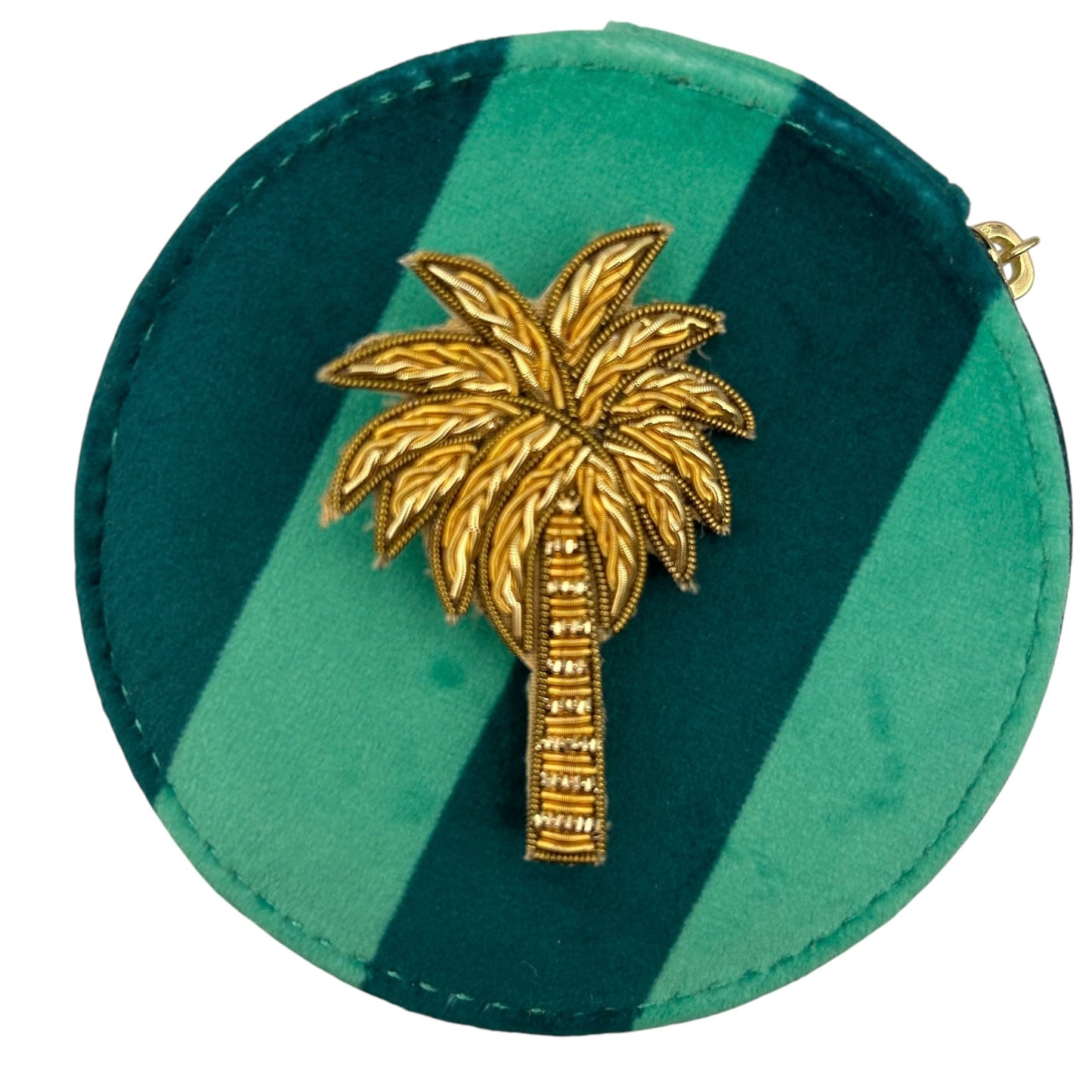 Jewellery Travel Pot in teal stripe - Palm Tree brooch