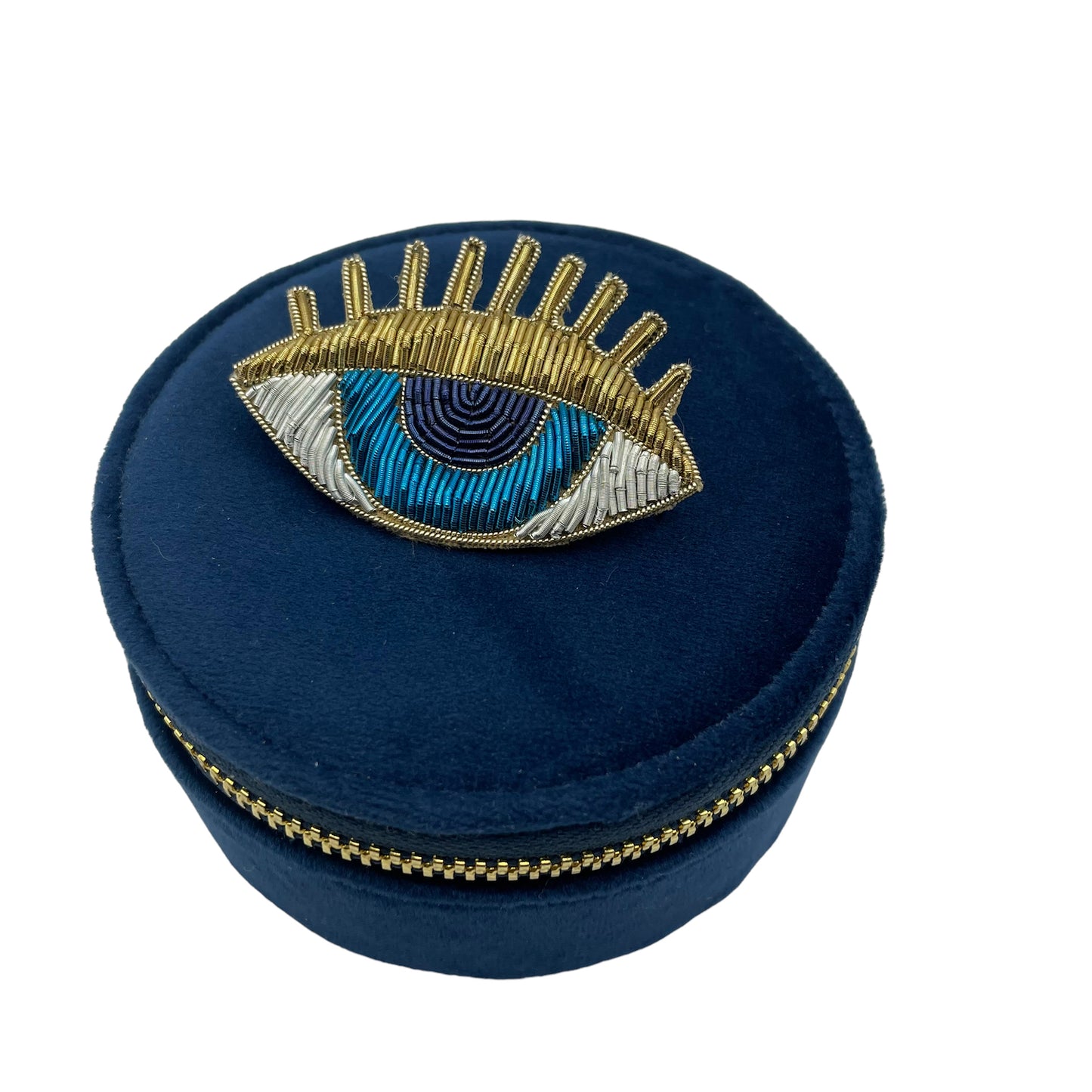 Jewellery travel pot blue - recycled velvet - blue eyes gold lashes