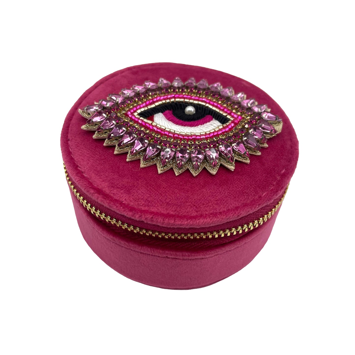 Jewellery travel pot bright pink - recycled velvet - rose eye