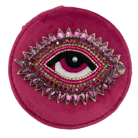 Jewellery travel pot bright pink - recycled velvet - rose eye