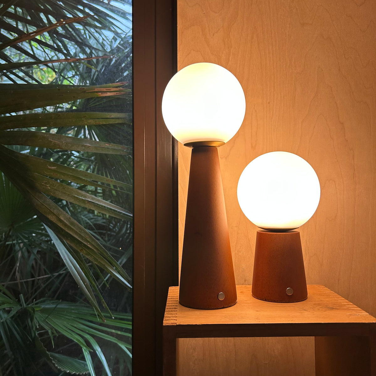 Large Deco Cone Teak style rechargeable touch lamp