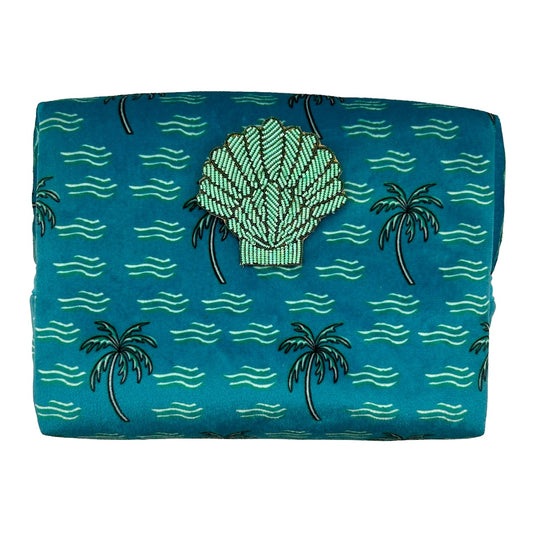 Teal palm large make-up bag & mint shell brooch - recycled velvet, large and small