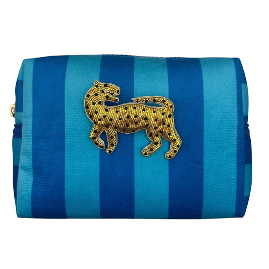 Large blue stripe makeup bag with Leopard brooch