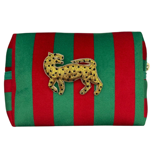 Large green stripe makeup bag with Leopard brooch
