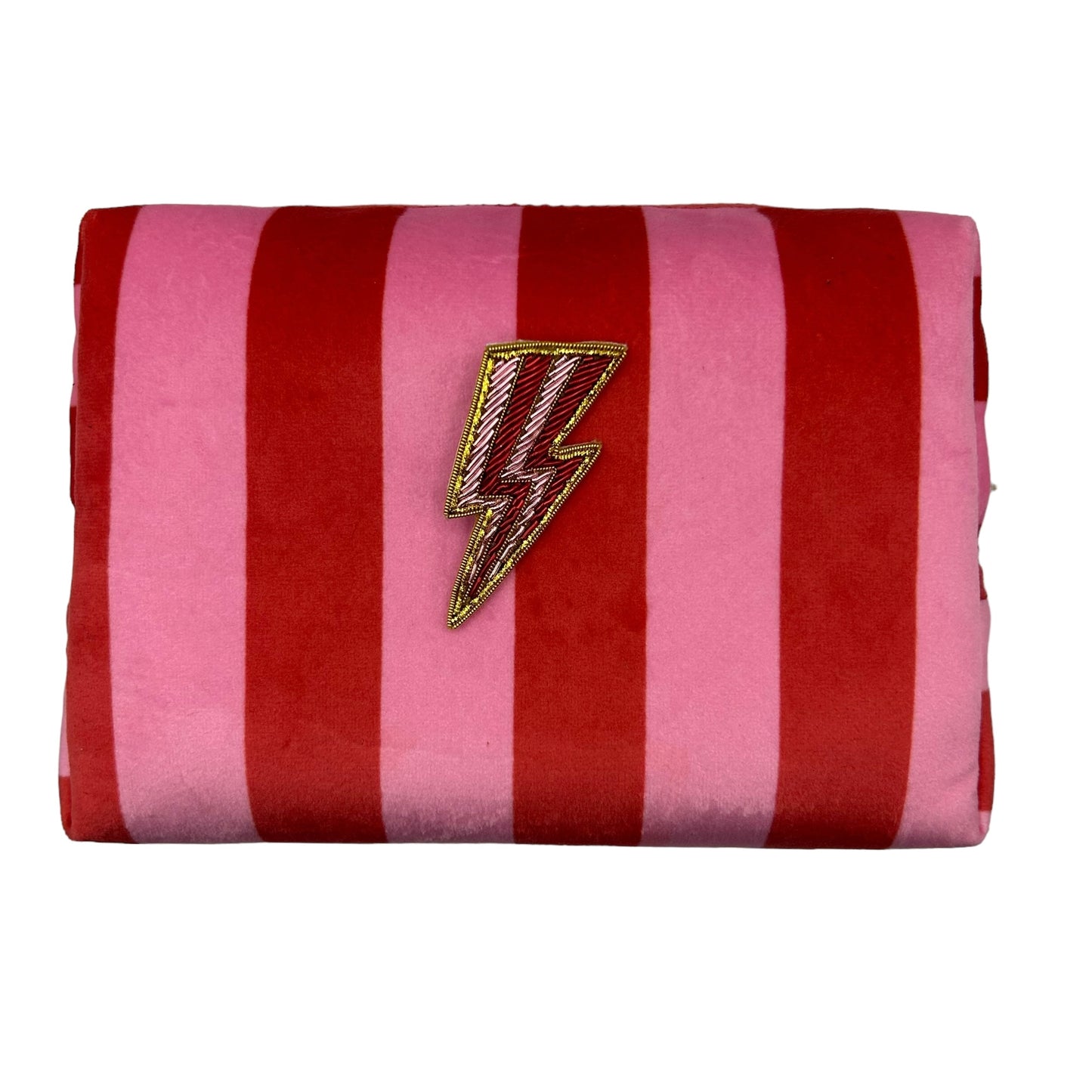 Pink stripe makeup bag with Pink Lightning Bolt brooch (two sizes)